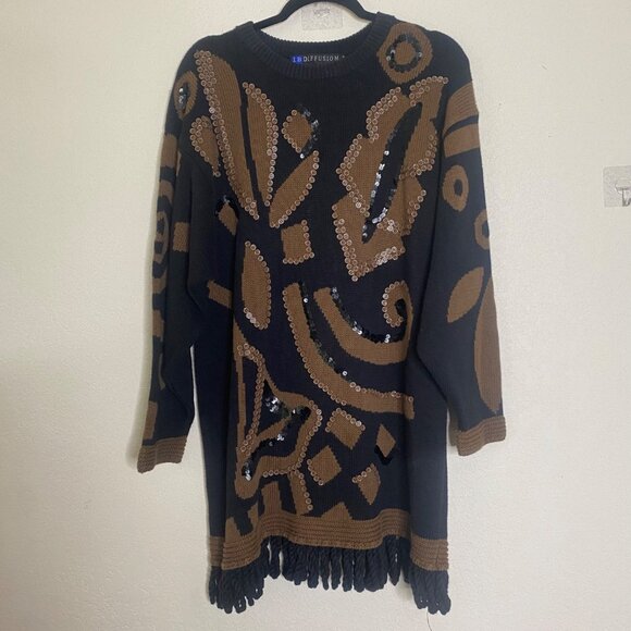 Vintage I.B. Diffusion Sweater Dress Womens L Ramie Cotton knit Sequin Fringe - Picture 1 of 15